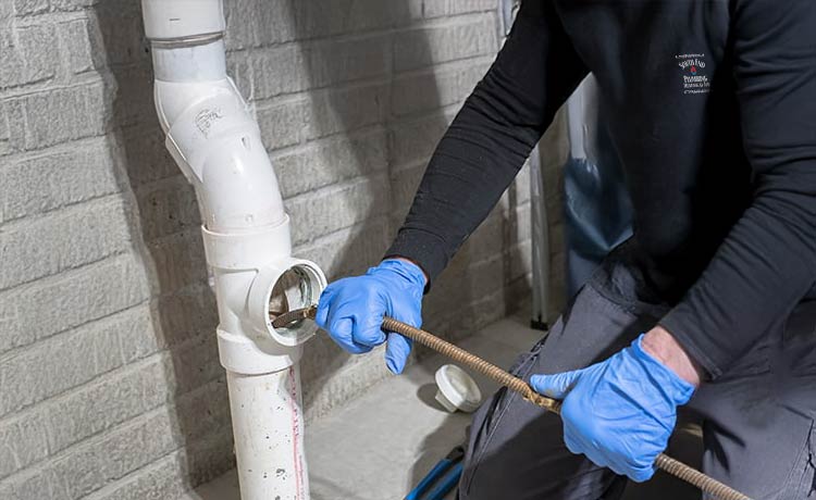 Plumber Tech Removing Clog in Sewer Line